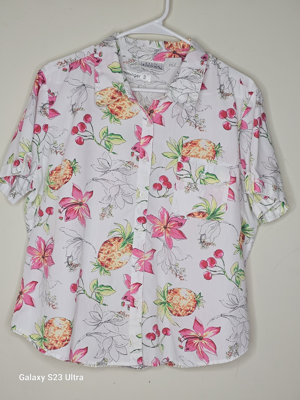 Basic Editions White Button-Up Shirt with Pink Flowers & Yellow Pineapples